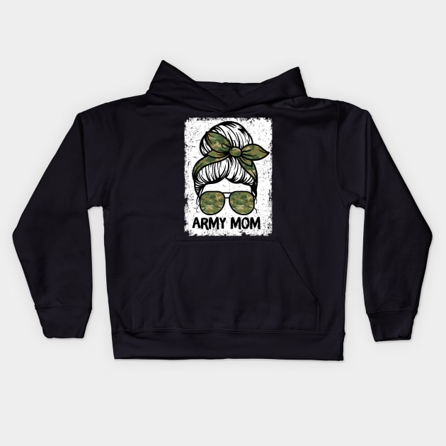 Army Mom Messy Bun Kids Hoodie by Teewyld